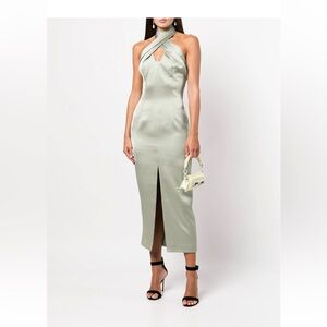 RASARIO DRAPED SATIN MIDI DRESS OLIVE